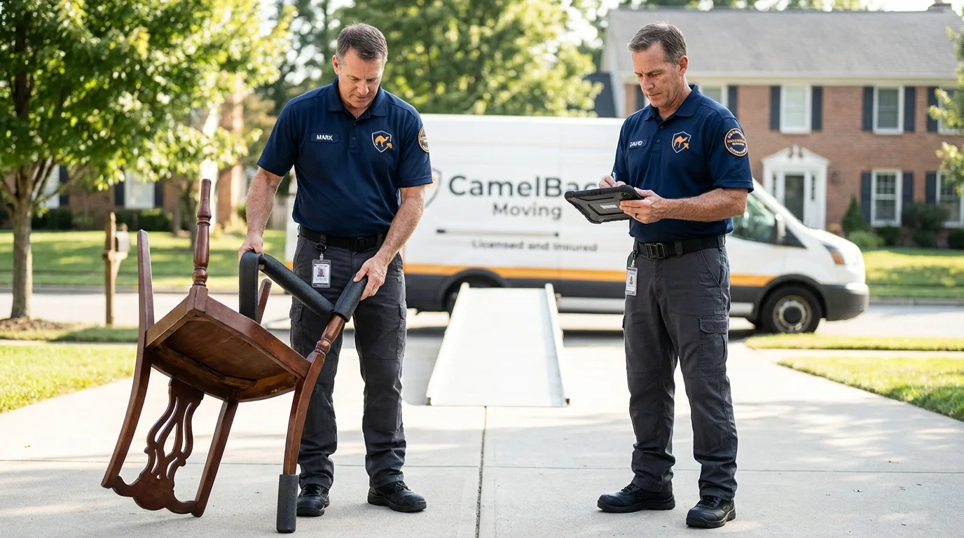 Movers inspecting furniture for damage prevention before loading in Martinsburg, WV
