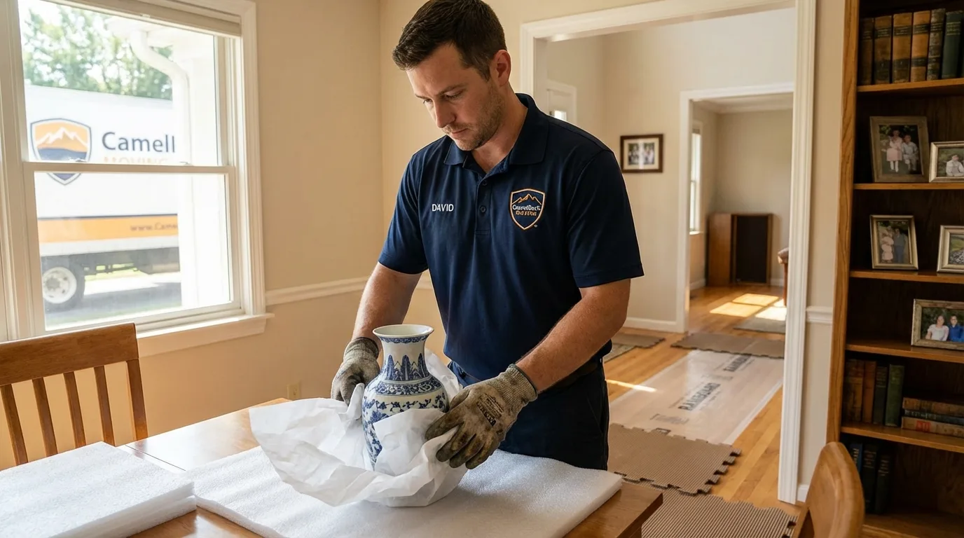 Professional crew carefully wrapping antique vase for senior downsizing move in Martinsburg, WV